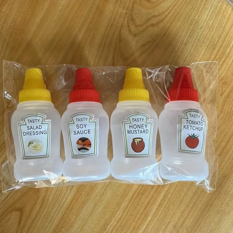 4 Stück, Mini-Sauce-Flaschen, Mini-Ketchup-Flaschen, Gewürz-Quetschflasche, tragbare Kunststoffbehälter, Flasche für Büro, Lunchbox, Picknick, Öl, Sojasauce, Honig, Salatdressing, Gewürzflasche, Küchenutensilien, Küchenutensilien