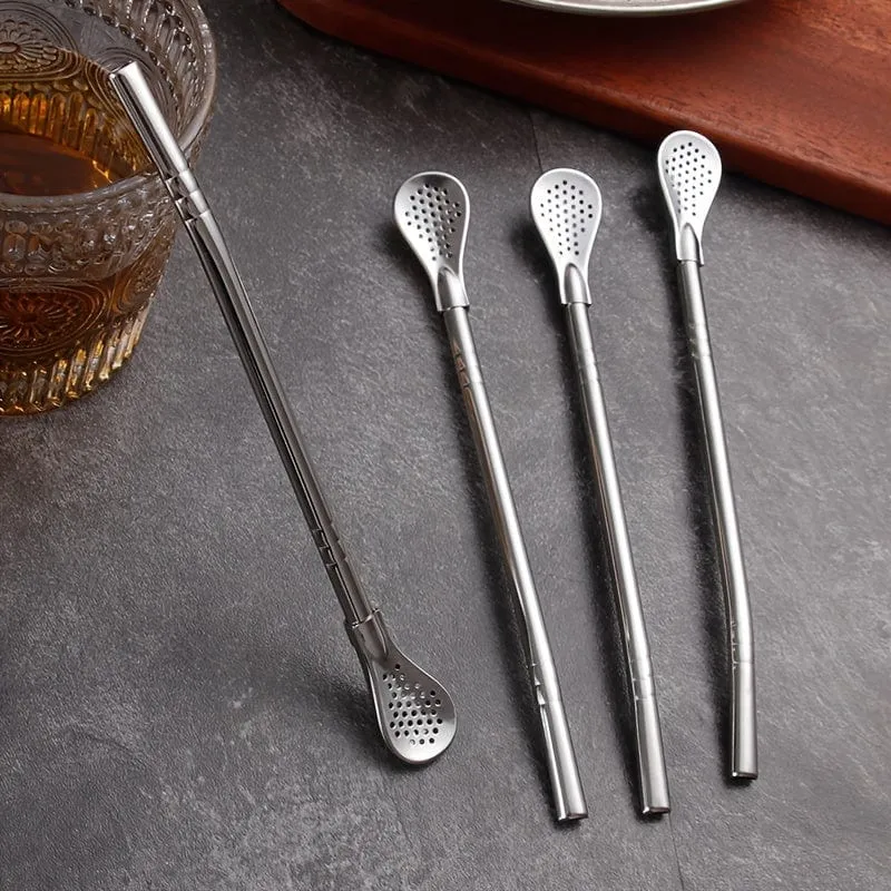 3 Stück/Set, Edelstahl-Strohhalme, Löffel, Rührlöffel, abnehmbarer Reinigungsstrohhalm, Saft-Milch-Tee-Filterstrohhalm, Strohbürste, Trinkgeschirr-Zubehör, Küchenbedarf