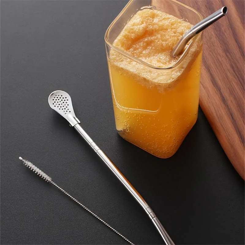 3 Stück/Set, Edelstahl-Strohhalme, Löffel, Rührlöffel, abnehmbarer Reinigungsstrohhalm, Saft-Milch-Tee-Filterstrohhalm, Strohbürste, Trinkgeschirr-Zubehör, Küchenbedarf