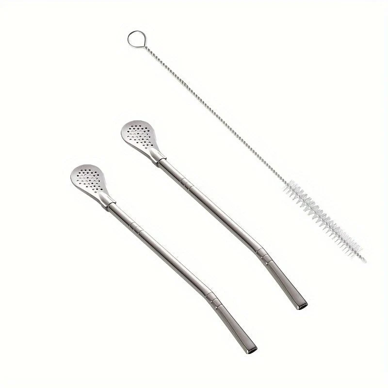 3 Stück/Set, Edelstahl-Strohhalme, Löffel, Rührlöffel, abnehmbarer Reinigungsstrohhalm, Saft-Milch-Tee-Filterstrohhalm, Strohbürste, Trinkgeschirr-Zubehör, Küchenbedarf