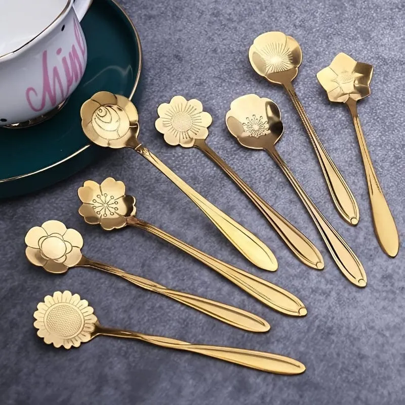 Romantische Blumen-Edelstahl-Kaffeelöffel, 8-teiliges Set, Dessert-Rührlöffel, Blumen-Teelöffel, Hochzeitsgeschenk, Löffel, Nachmittagstee