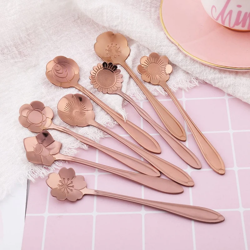 Romantische Blumen-Edelstahl-Kaffeelöffel, 8-teiliges Set, Dessert-Rührlöffel, Blumen-Teelöffel, Hochzeitsgeschenk, Löffel, Nachmittagstee
