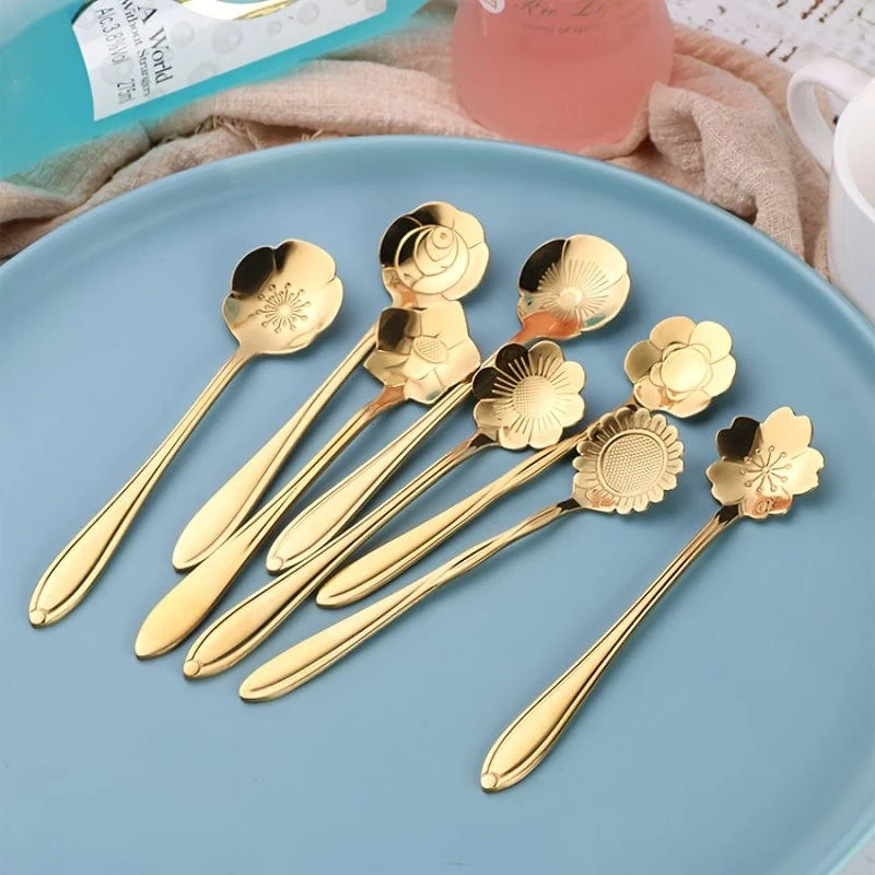 Romantische Blumen-Edelstahl-Kaffeelöffel, 8-teiliges Set, Dessert-Rührlöffel, Blumen-Teelöffel, Hochzeitsgeschenk, Löffel, Nachmittagstee