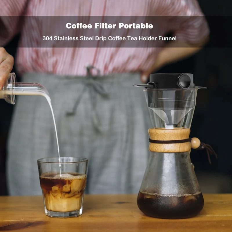1 Stück 500 Mesh faltbarer Handspül-Kaffeefilter, Edelstahl-Kaffeefilter, schwarz, Kaffeezubehör