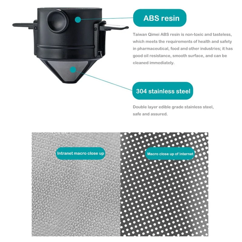 1 Stück 500 Mesh faltbarer Handspül-Kaffeefilter, Edelstahl-Kaffeefilter, schwarz, Kaffeezubehör
