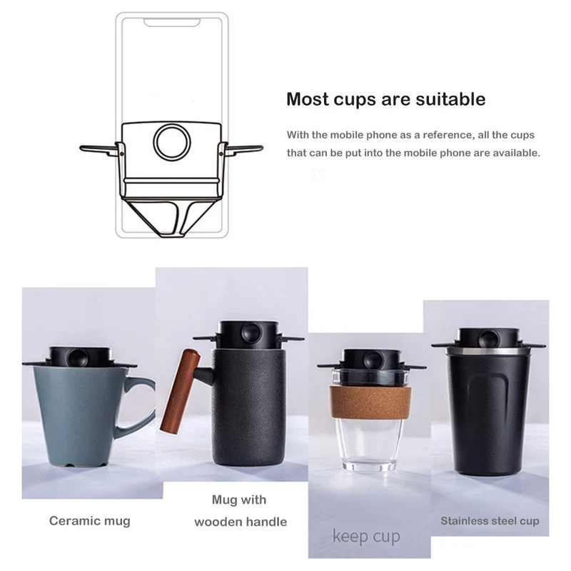 1 Stück 500 Mesh faltbarer Handspül-Kaffeefilter, Edelstahl-Kaffeefilter, schwarz, Kaffeezubehör