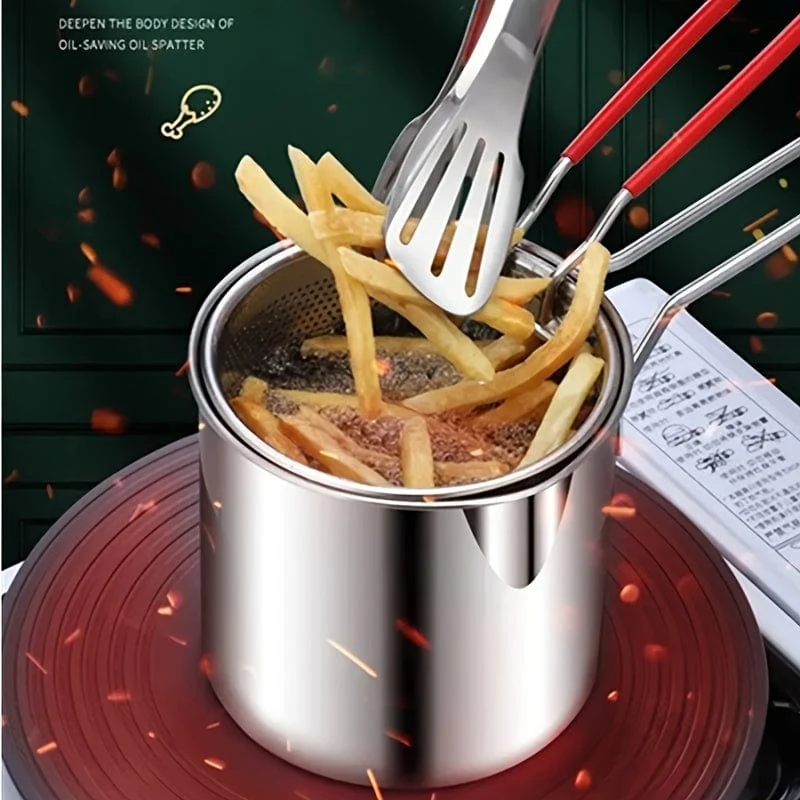 1 Stück 1.2 l Mini-Fritteusentopf aus Edelstahl mit Griff und Siebkorb, Küchenkochwerkzeug für Pommes Frites, Zwiebelringe, Hähnchenflügel, Servieren von Speisen, Kochgeschirr, multifunktionaler Mini-Topf für Küchengeschirr