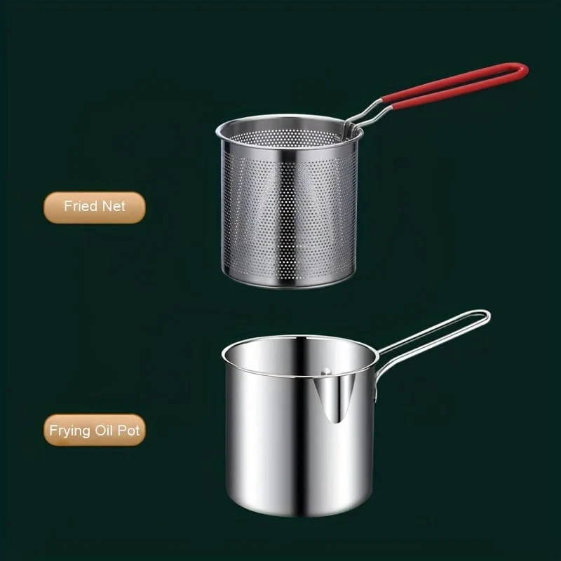 1 Stück 1.2 l Mini-Fritteusentopf aus Edelstahl mit Griff und Siebkorb, Küchenkochwerkzeug für Pommes Frites, Zwiebelringe, Hähnchenflügel, Servieren von Speisen, Kochgeschirr, multifunktionaler Mini-Topf für Küchengeschirr