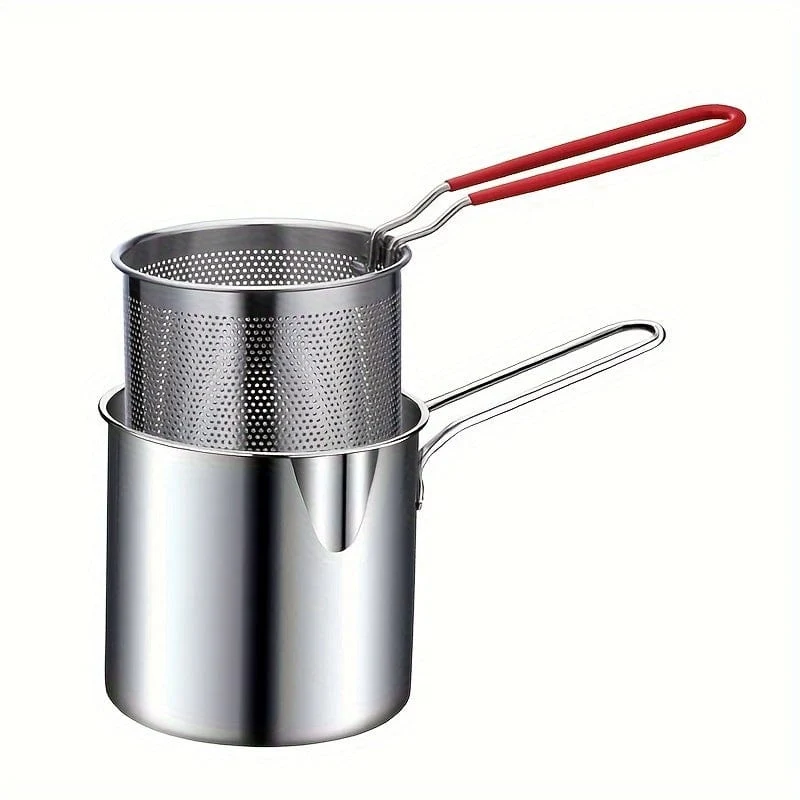 1 Stück 1.2 l Mini-Fritteusentopf aus Edelstahl mit Griff und Siebkorb, Küchenkochwerkzeug für Pommes Frites, Zwiebelringe, Hähnchenflügel, Servieren von Speisen, Kochgeschirr, multifunktionaler Mini-Topf für Küchengeschirr