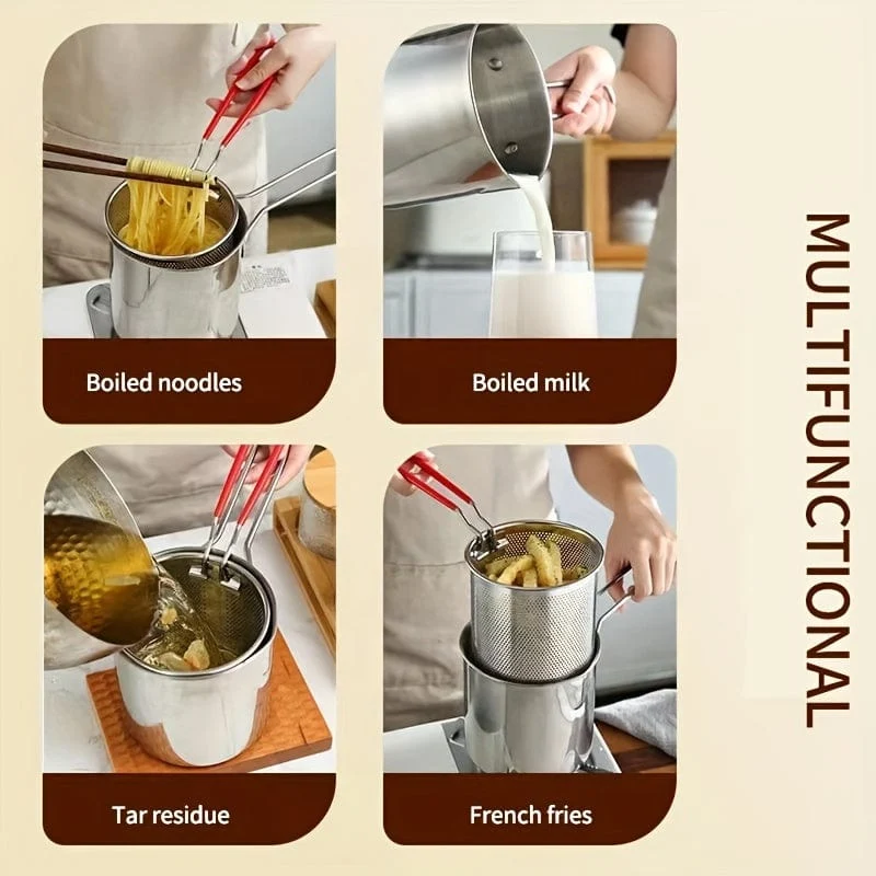 1 Stück 1.2 l Mini-Fritteusentopf aus Edelstahl mit Griff und Siebkorb, Küchenkochwerkzeug für Pommes Frites, Zwiebelringe, Hähnchenflügel, Servieren von Speisen, Kochgeschirr, multifunktionaler Mini-Topf für Küchengeschirr