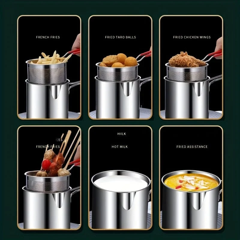 1 Stück 1.2 l Mini-Fritteusentopf aus Edelstahl mit Griff und Siebkorb, Küchenkochwerkzeug für Pommes Frites, Zwiebelringe, Hähnchenflügel, Servieren von Speisen, Kochgeschirr, multifunktionaler Mini-Topf für Küchengeschirr
