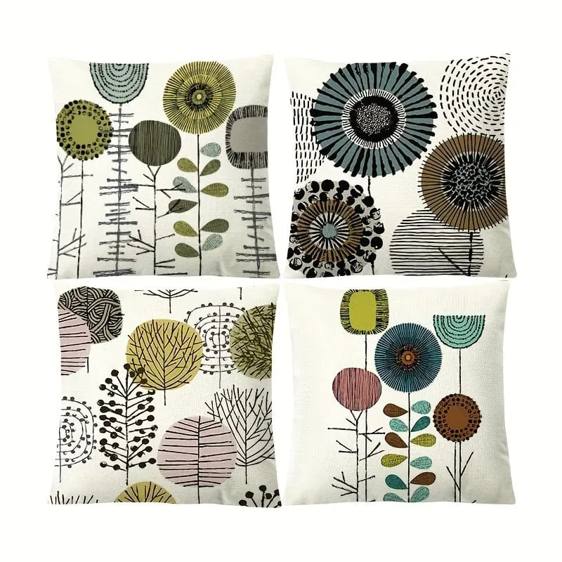 4 Stück abstrakte Blumen-Kissenbezug, Leinen-Kissenbezug, digital bedruckter Kissenbezug, nordischer geometrischer einfacher Sofa-Kissenbezug, ohne Kern, 45.72 cm x 45.72 cm