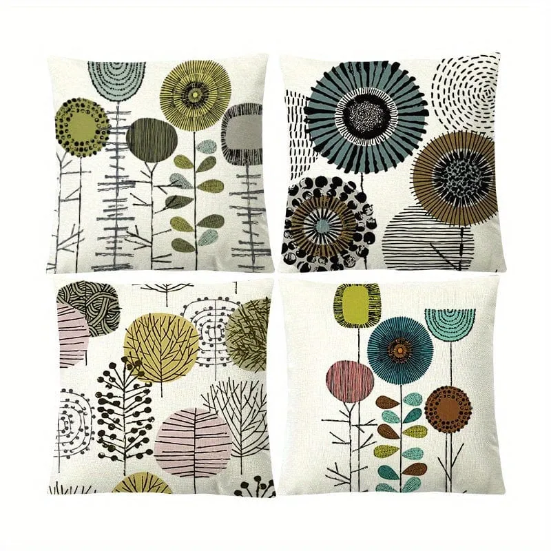 4 Stück abstrakte Blumen-Kissenbezug, Leinen-Kissenbezug, digital bedruckter Kissenbezug, nordischer geometrischer einfacher Sofa-Kissenbezug, ohne Kern, 45.72 cm x 45.72 cm