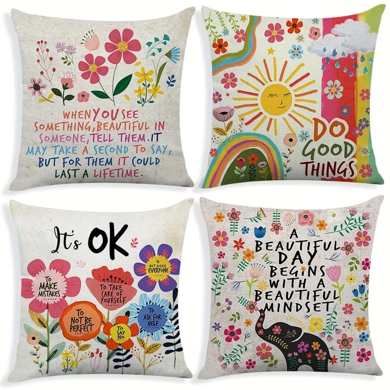 4 Stück, bunte Blumen, inspirierende Zitate, Polyester-Kissenbezug, Dekokissenbezug, Schlafzimmerzubehör, Sofakissenbezug, Wohnzimmer-Kissenbezug (Kissen ist nicht im Lieferumfang enthalten)