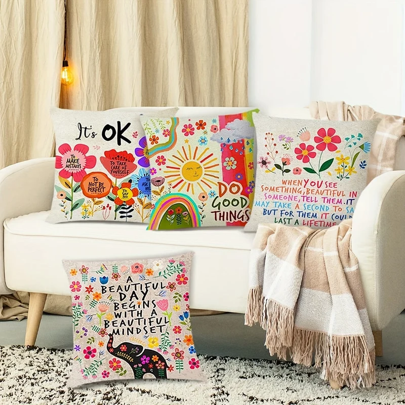 4 Stück, bunte Blumen, inspirierende Zitate, Polyester-Kissenbezug, Dekokissenbezug, Schlafzimmerzubehör, Sofakissenbezug, Wohnzimmer-Kissenbezug (Kissen ist nicht im Lieferumfang enthalten)