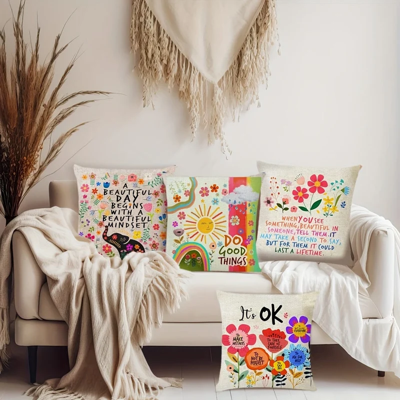 4 Stück, bunte Blumen, inspirierende Zitate, Polyester-Kissenbezug, Dekokissenbezug, Schlafzimmerzubehör, Sofakissenbezug, Wohnzimmer-Kissenbezug (Kissen ist nicht im Lieferumfang enthalten)