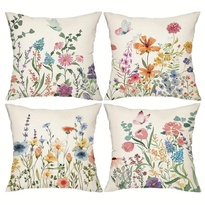 4 Kissenbezüge mit botanischen Wildblumen, 45.72 x 45.72 cm, Bauernhaus, süßes Zuhause, Frühling, Sommer, Blumenpflanze, dekorative Kissenbezüge für Veranda, Terrasse, Couch, Sofa, Wohnzimmer, Outdoor, 4er-Set, ohne Kisseneinsätze