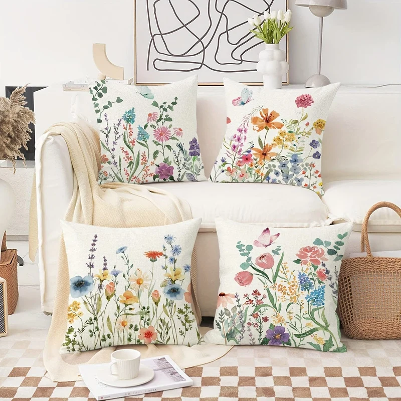 4 Kissenbezüge mit botanischen Wildblumen, 45.72 x 45.72 cm, Bauernhaus, süßes Zuhause, Frühling, Sommer, Blumenpflanze, dekorative Kissenbezüge für Veranda, Terrasse, Couch, Sofa, Wohnzimmer, Outdoor, 4er-Set, ohne Kisseneinsätze