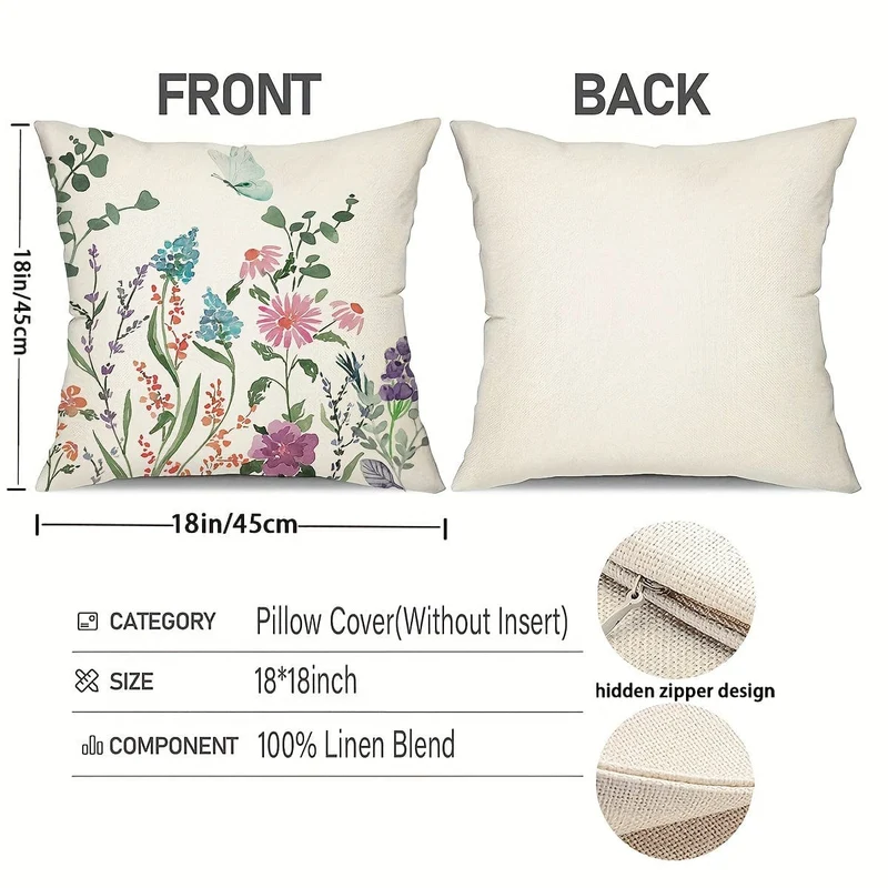 4 Kissenbezüge mit botanischen Wildblumen, 45.72 x 45.72 cm, Bauernhaus, süßes Zuhause, Frühling, Sommer, Blumenpflanze, dekorative Kissenbezüge für Veranda, Terrasse, Couch, Sofa, Wohnzimmer, Outdoor, 4er-Set, ohne Kisseneinsätze
