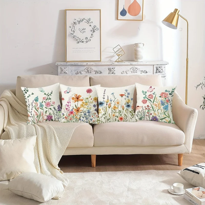 4 Kissenbezüge mit botanischen Wildblumen, 45.72 x 45.72 cm, Bauernhaus, süßes Zuhause, Frühling, Sommer, Blumenpflanze, dekorative Kissenbezüge für Veranda, Terrasse, Couch, Sofa, Wohnzimmer, Outdoor, 4er-Set, ohne Kisseneinsätze