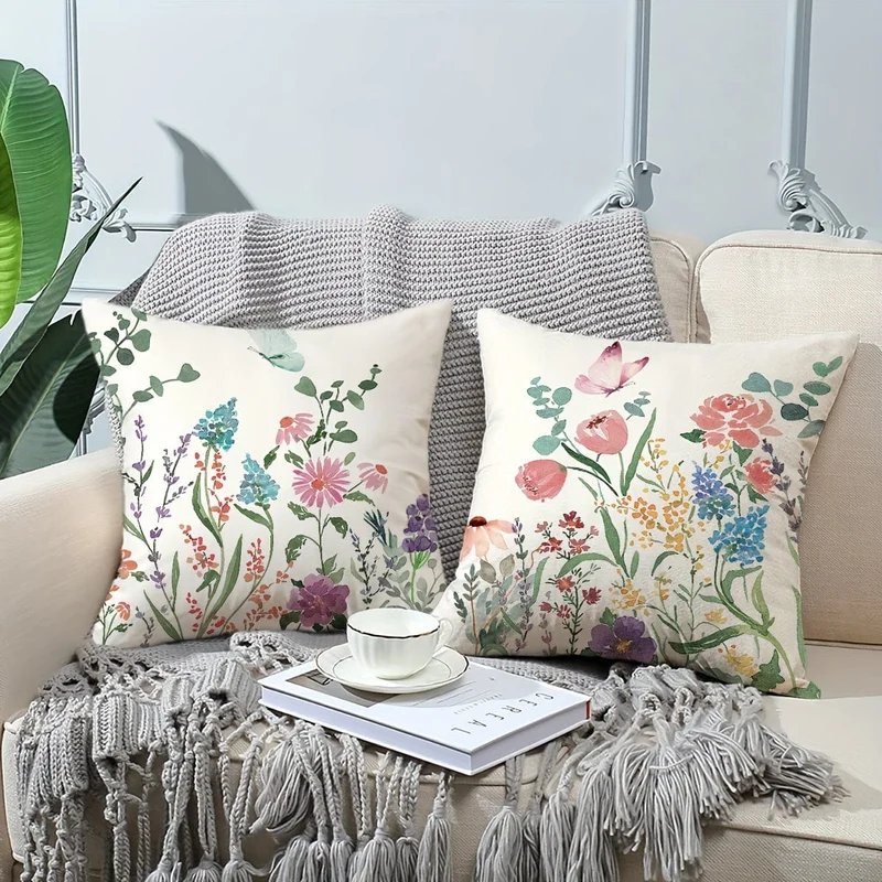 4 Kissenbezüge mit botanischen Wildblumen, 45.72 x 45.72 cm, Bauernhaus, süßes Zuhause, Frühling, Sommer, Blumenpflanze, dekorative Kissenbezüge für Veranda, Terrasse, Couch, Sofa, Wohnzimmer, Outdoor, 4er-Set, ohne Kisseneinsätze