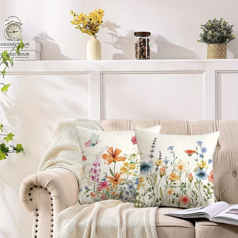 4 Kissenbezüge mit botanischen Wildblumen, 45.72 x 45.72 cm, Bauernhaus, süßes Zuhause, Frühling, Sommer, Blumenpflanze, dekorative Kissenbezüge für Veranda, Terrasse, Couch, Sofa, Wohnzimmer, Outdoor, 4er-Set, ohne Kisseneinsätze