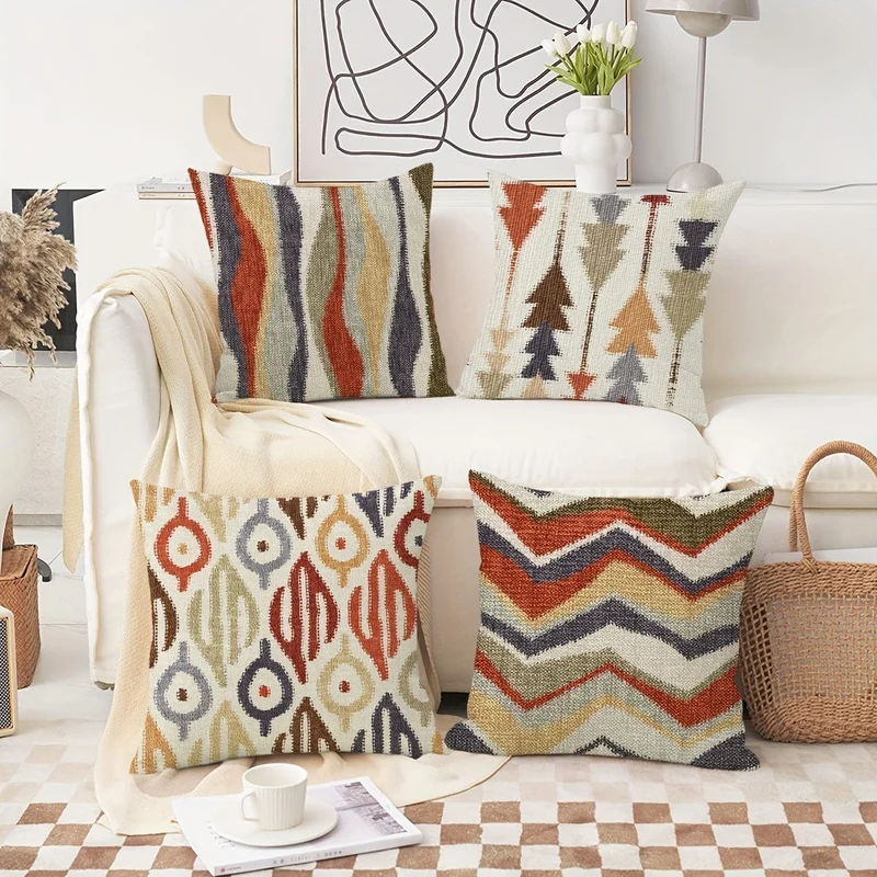 4 Kissenbezüge im Boho-Ethno-Stil, 45.72 x 45.72 cm, abstrakte geometrische Kunst, Heimdekoration, Kissenbezüge für Veranda, Terrasse, Couch, Sofa, Wohnzimmer im Freien, Bauernhaus-Stil, ohne Kisseneinsätze