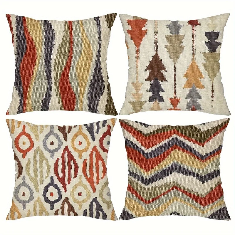 4 Kissenbezüge im Boho-Ethno-Stil, 45.72 x 45.72 cm, abstrakte geometrische Kunst, Heimdekoration, Kissenbezüge für Veranda, Terrasse, Couch, Sofa, Wohnzimmer im Freien, Bauernhaus-Stil, ohne Kisseneinsätze