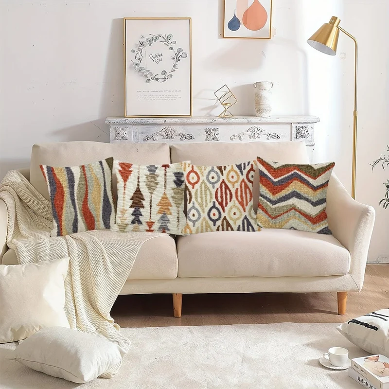 4 Kissenbezüge im Boho-Ethno-Stil, 45.72 x 45.72 cm, abstrakte geometrische Kunst, Heimdekoration, Kissenbezüge für Veranda, Terrasse, Couch, Sofa, Wohnzimmer im Freien, Bauernhaus-Stil, ohne Kisseneinsätze
