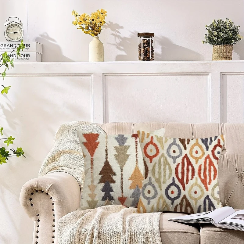 4 Kissenbezüge im Boho-Ethno-Stil, 45.72 x 45.72 cm, abstrakte geometrische Kunst, Heimdekoration, Kissenbezüge für Veranda, Terrasse, Couch, Sofa, Wohnzimmer im Freien, Bauernhaus-Stil, ohne Kisseneinsätze