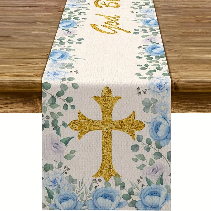 1 Stück, Polyester-Tischläufer, Jungen-Taufe-Tischläufer, „Gott segne“-Thema, Heilige Kommunion, Taufe, Babyparty, Party, Küche, Esszimmer, Heimdekoration