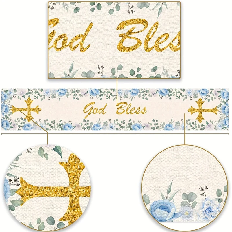 1 Stück, Polyester-Tischläufer, Jungen-Taufe-Tischläufer, „Gott segne“-Thema, Heilige Kommunion, Taufe, Babyparty, Party, Küche, Esszimmer, Heimdekoration