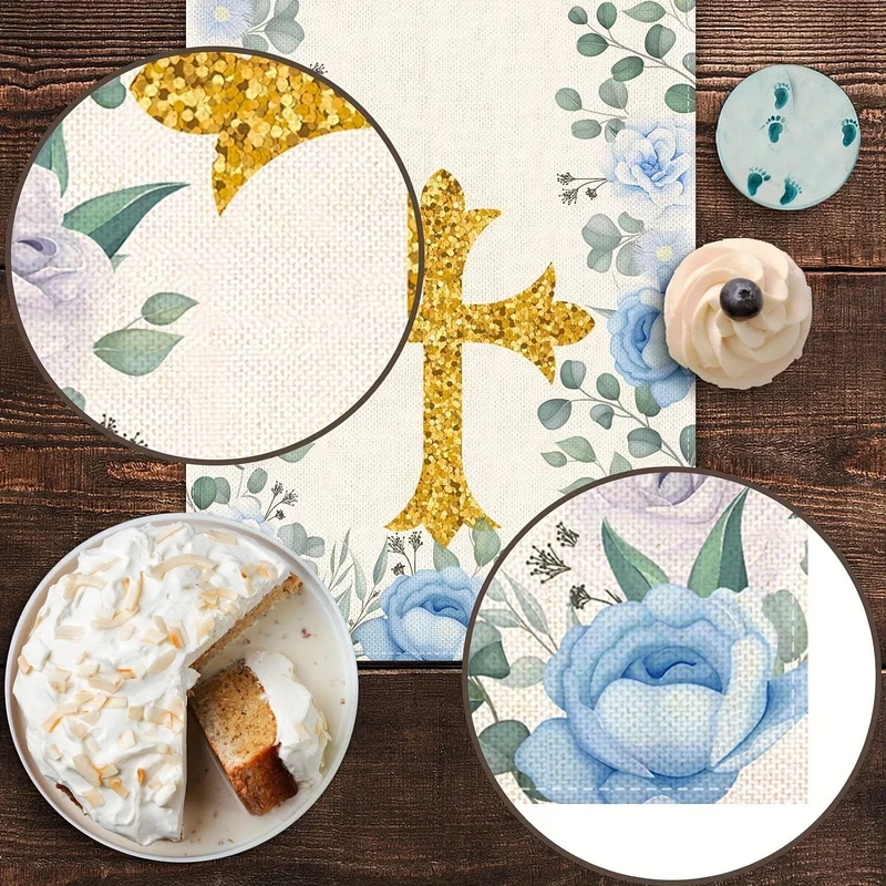 1 Stück, Polyester-Tischläufer, Jungen-Taufe-Tischläufer, „Gott segne“-Thema, Heilige Kommunion, Taufe, Babyparty, Party, Küche, Esszimmer, Heimdekoration