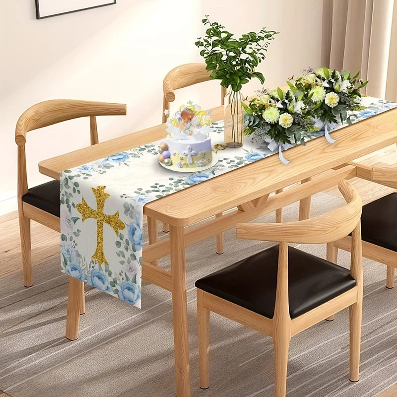 1 Stück, Polyester-Tischläufer, Jungen-Taufe-Tischläufer, „Gott segne“-Thema, Heilige Kommunion, Taufe, Babyparty, Party, Küche, Esszimmer, Heimdekoration