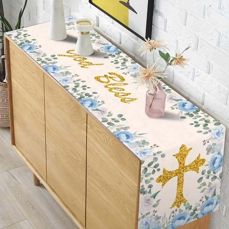 1 Stück, Polyester-Tischläufer, Jungen-Taufe-Tischläufer, „Gott segne“-Thema, Heilige Kommunion, Taufe, Babyparty, Party, Küche, Esszimmer, Heimdekoration