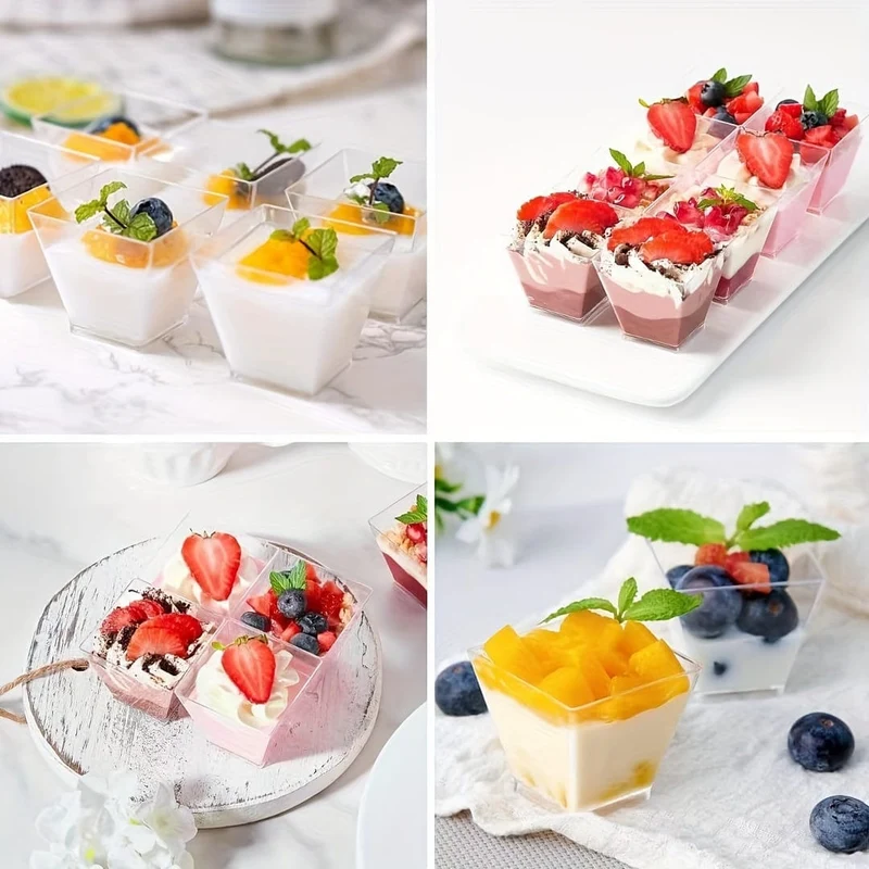 50/100 Stück durchsichtige Dessertbecher aus Kunststoff, quadratische Mousse-Pudding-Joghurtbecher, geeignet für Kuchen, Eis, Vorspeisen, für Partys und Hochzeitsfeiern, Partyzubehör, Geschirrzubehör