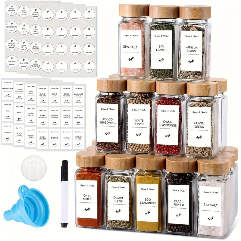 12 Stück Gewürzgläser mit Etiketten und Deckel, leere quadratische Gewürzflaschen mit 4 Unzen Fassungsvermögen und zusammenklappbarem Trichter, Gewürzbehälter aus Glas, Küchenzubehör, Küchenutensilien