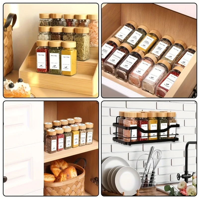12 Stück Gewürzgläser mit Etiketten und Deckel, leere quadratische Gewürzflaschen mit 4 Unzen Fassungsvermögen und zusammenklappbarem Trichter, Gewürzbehälter aus Glas, Küchenzubehör, Küchenutensilien