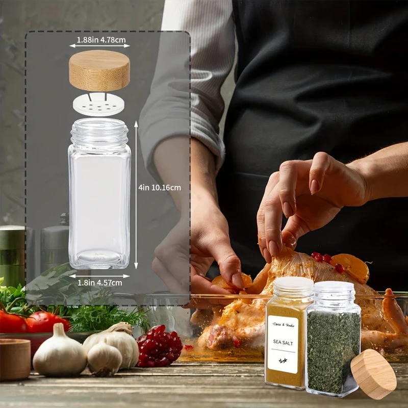 12 Stück Gewürzgläser mit Etiketten und Deckel, leere quadratische Gewürzflaschen mit 4 Unzen Fassungsvermögen und zusammenklappbarem Trichter, Gewürzbehälter aus Glas, Küchenzubehör, Küchenutensilien