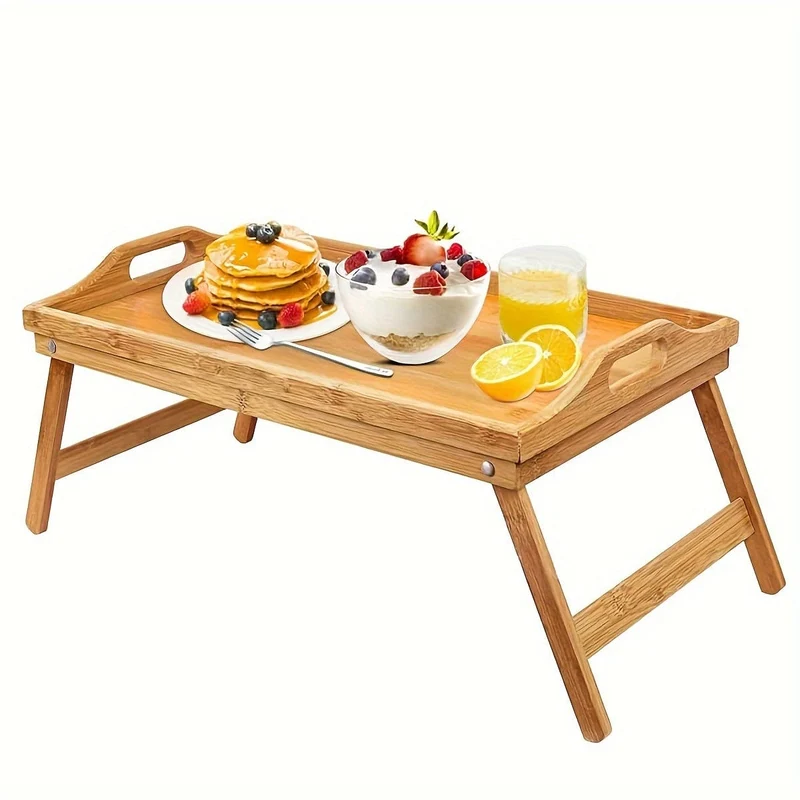 1-teiliges Betttischtablett aus Holz mit klappbaren Beinen, Frühstückstablett, Snacktablett, Arbeitstisch, Arbeitstisch, Laptoptisch, multifunktionales Holztablett für Picknick, Camping, Wohnheim, Sofa, Bett, Essen und Arbeiten, Tischdekoration