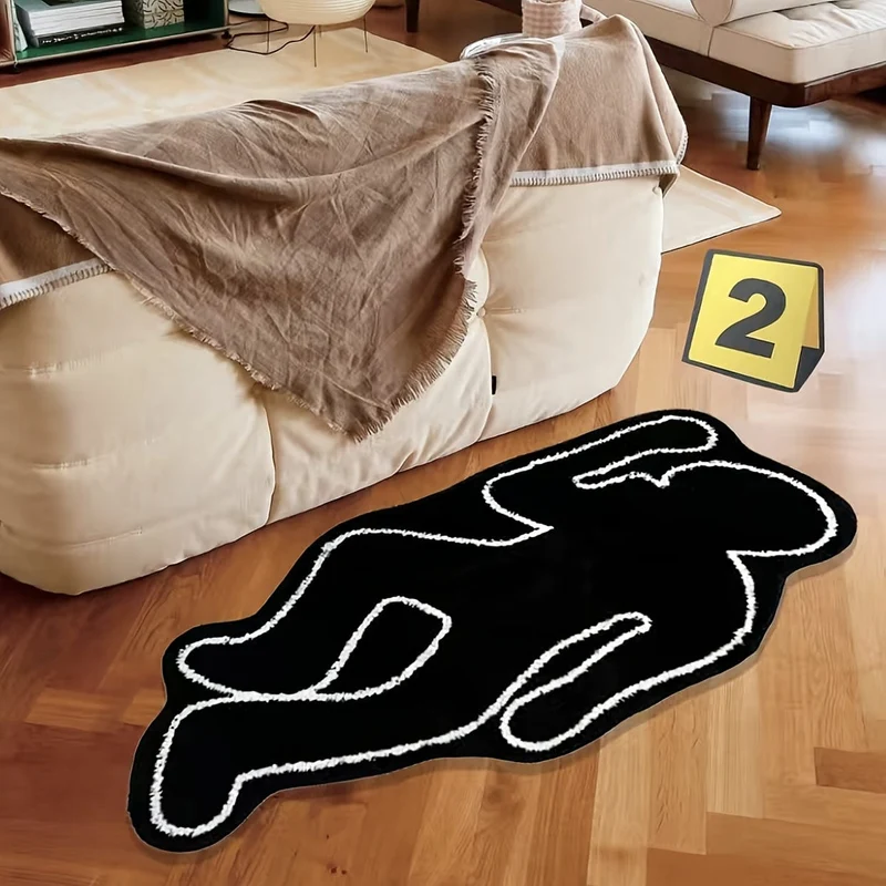 1 Stück humanoider Teppich, schwarzer kreativer Schatten-Motiv-Teppich, exquisites Nachttischkissen, lichtbeständige, fusselfreie und waschbare Wohnzimmer-Bodenmatte, bequemes weiches Fußpolster, für Sofatisch