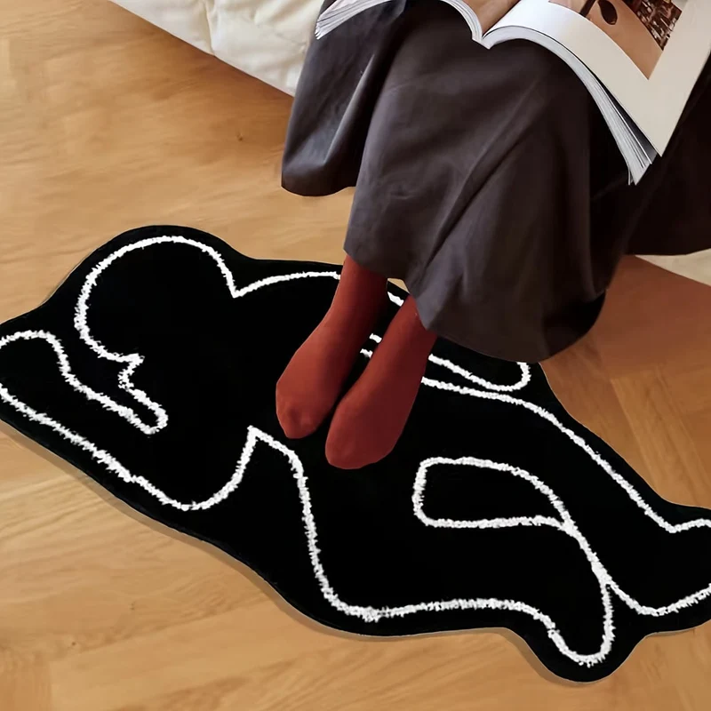 1 Stück humanoider Teppich, schwarzer kreativer Schatten-Motiv-Teppich, exquisites Nachttischkissen, lichtbeständige, fusselfreie und waschbare Wohnzimmer-Bodenmatte, bequemes weiches Fußpolster, für Sofatisch