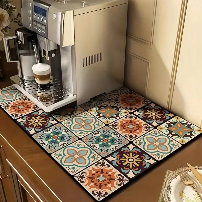 1 Stück, schnell trocknende Kaffeematte, Kaffeebar-Zubehör, rutschfeste, saugfähige Teller-Abtropfmatte im Boho-Stil für Küchentheken, Mikrofaser, geeignet für Kaffeemaschine, Kaffeekanne, super saugfähige Matte, gute Reinigung