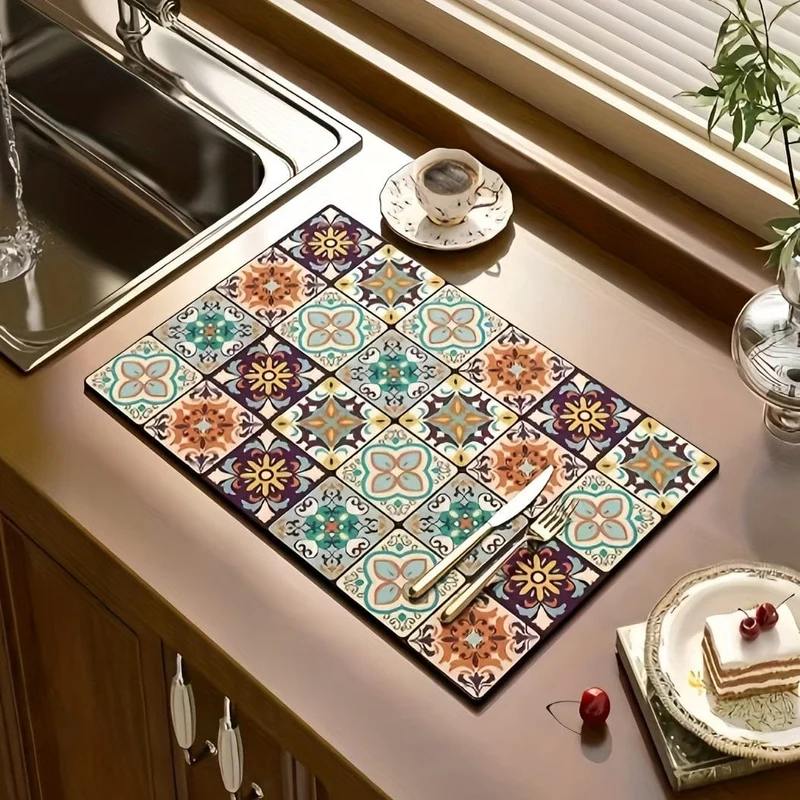 1 Stück, schnell trocknende Kaffeematte, Kaffeebar-Zubehör, rutschfeste, saugfähige Teller-Abtropfmatte im Boho-Stil für Küchentheken, Mikrofaser, geeignet für Kaffeemaschine, Kaffeekanne, super saugfähige Matte, gute Reinigung