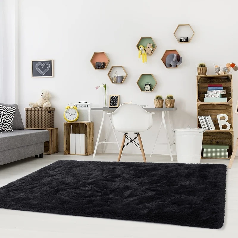 1 Stück, flauschiger Teppich, schwarze Shag-Teppiche, extra weiche und zottelige Teppiche, flauschige Innenteppiche für Schlafzimmer, Wohnzimmer, Heimteppich, Outdoor-Teppich, Heimdekoration