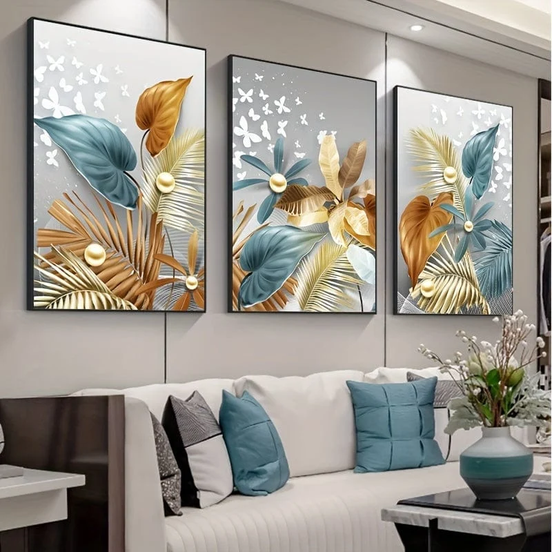 3 stücke 15.7*23.6 in/40cm * 60cm Rahmenlose Moderne Goldene Schmetterling Blätter Wand Kunst Leinwand Malerei kunst Für Wohnzimmer Cuadros Decor Kein Rahmen