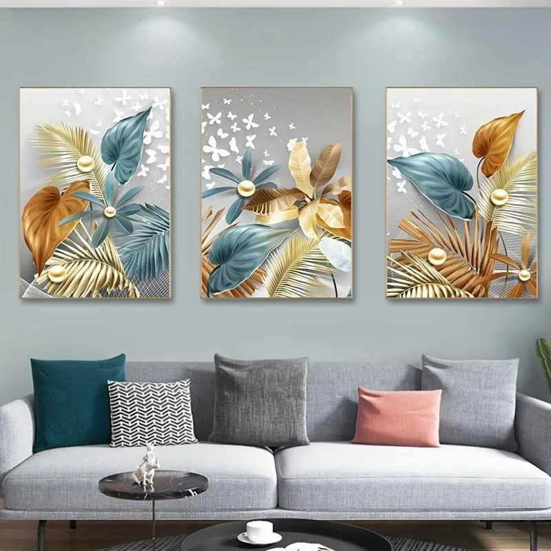 3 stücke 15.7*23.6 in/40cm * 60cm Rahmenlose Moderne Goldene Schmetterling Blätter Wand Kunst Leinwand Malerei kunst Für Wohnzimmer Cuadros Decor Kein Rahmen