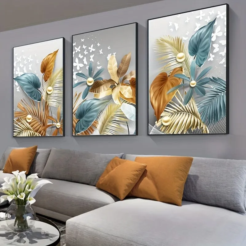 3 stücke 15.7*23.6 in/40cm * 60cm Rahmenlose Moderne Goldene Schmetterling Blätter Wand Kunst Leinwand Malerei kunst Für Wohnzimmer Cuadros Decor Kein Rahmen