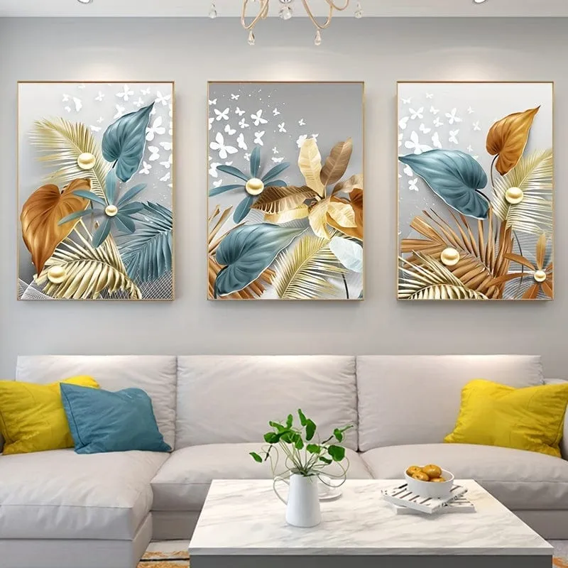 3 stücke 15.7*23.6 in/40cm * 60cm Rahmenlose Moderne Goldene Schmetterling Blätter Wand Kunst Leinwand Malerei kunst Für Wohnzimmer Cuadros Decor Kein Rahmen