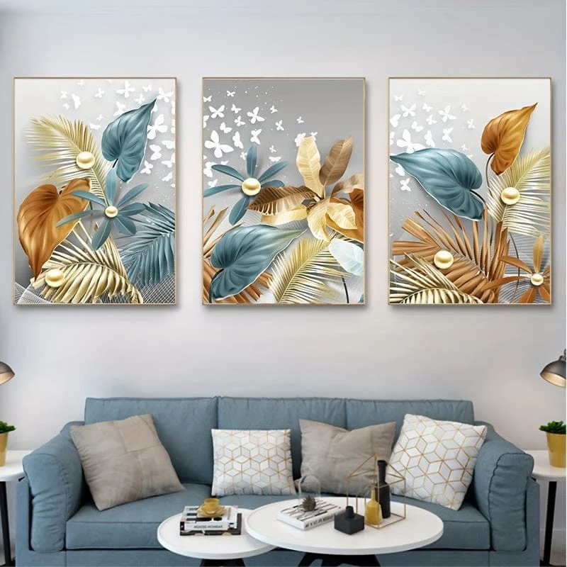 3 stücke 15.7*23.6 in/40cm * 60cm Rahmenlose Moderne Goldene Schmetterling Blätter Wand Kunst Leinwand Malerei kunst Für Wohnzimmer Cuadros Decor Kein Rahmen